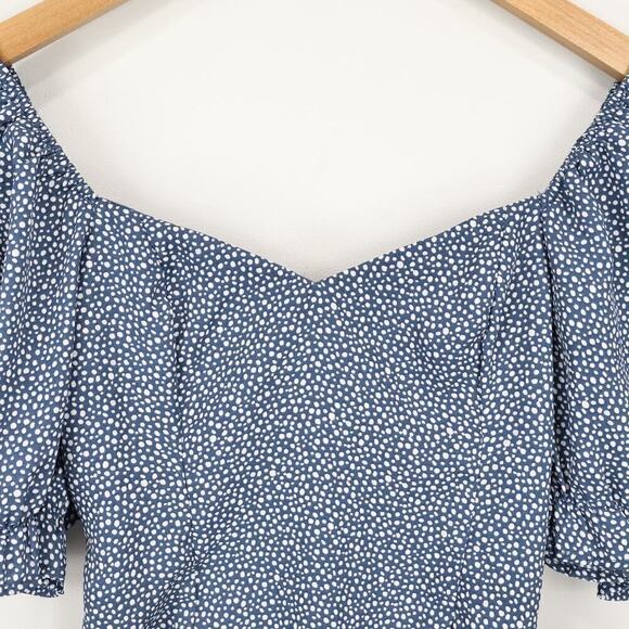 Abercrombie & Fitch Puff Sleeve Semi Cropped Babydoll Blouse Blue Dot Print XS - Picture 2 of 7